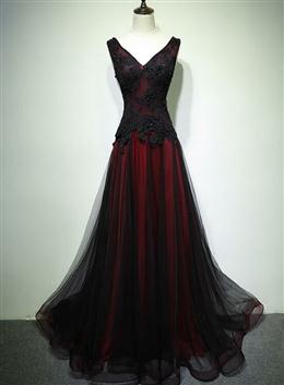 Picture of Black Color and Tulle V-neckline Beaded Lace Long Party Dresses, A-line Prom Dresses Evening Dressess